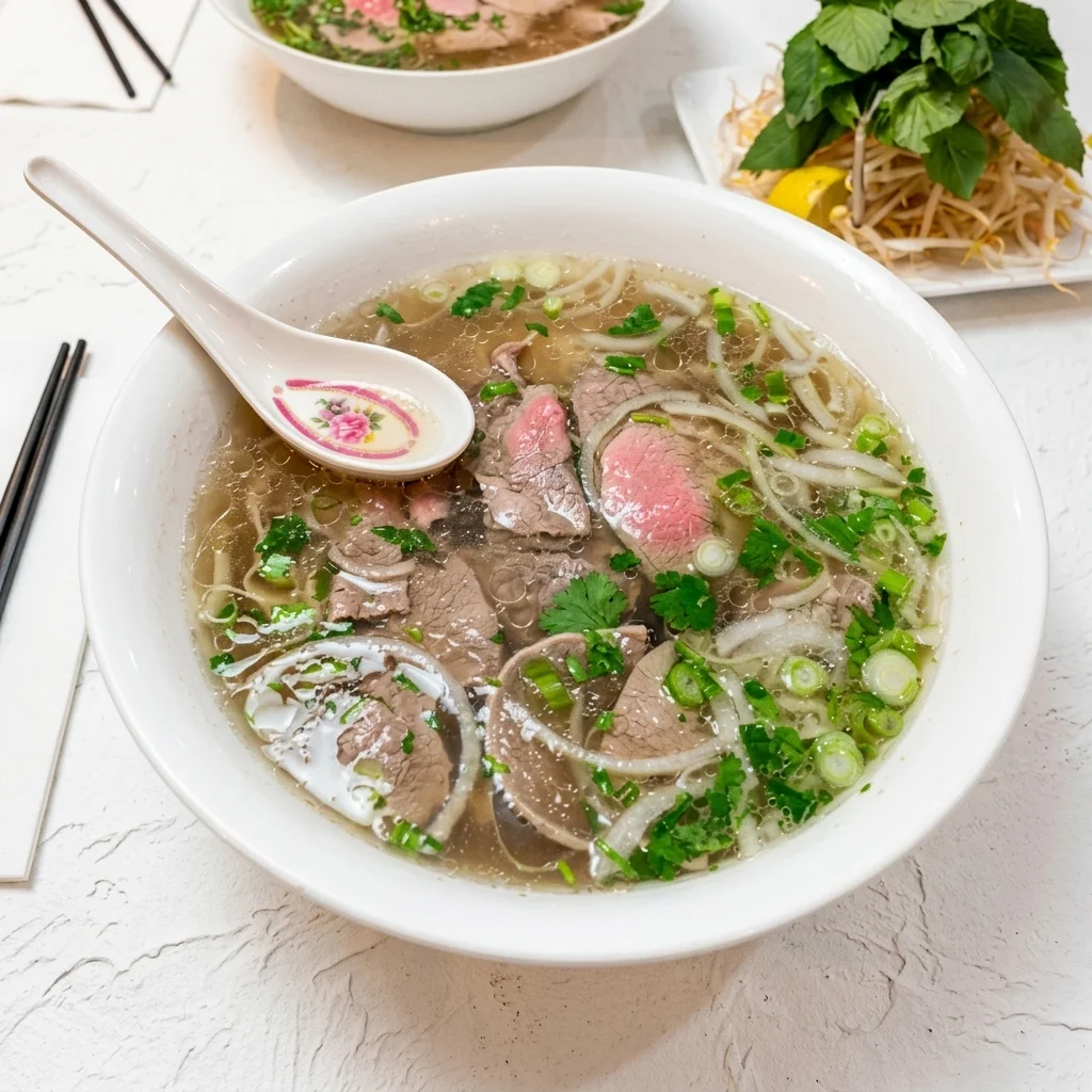 Steaming bowl of beef pho served at Lê La Vietnamese Restaurant in SE Calgary